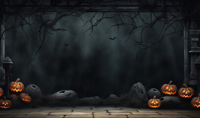 A spooky forest with a haunted evil glowing eyes of Jack O' Lanterns on the sides of a wooden deck on a scary halloween night. Halloween night scene background with forest and bats at night. - obrazy, fototapety, plakaty