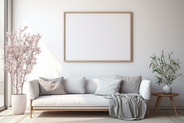 3D render of a frame mockup in a fresh living room with a spring ambiance. Generative AI - obrazy, fototapety, plakaty