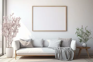 Tuinposter 3D render of a frame mockup in a fresh living room with a spring ambiance. Generative AI © Safi