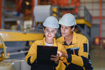 two young engineer assistant in helmet inspection check heavy machine construction installation in...