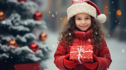 Pretty smiling girl child in red jacket and hat holding Christmas gifts while standing against background of decorated Christmas tree outdoors on snowy day of winter holidays