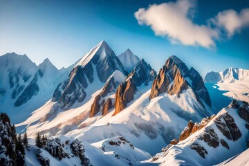  A majestic mountain peak, snow-capped, serene