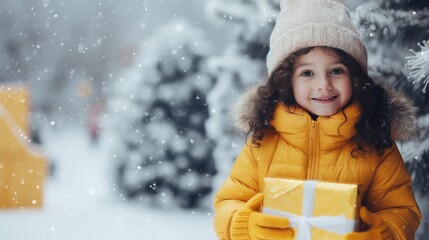 Pretty smiling girl holding Christmas gifts while standing against background of decorated Christmas tree outdoors wearing yellow outerwear on snowy winter holiday day