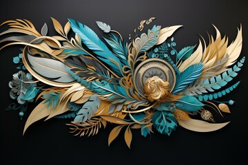 Wall decor with 3D art featuring blue, turquoise, and gray leaves, feathers, and golden drawings on a black background. Generative AI