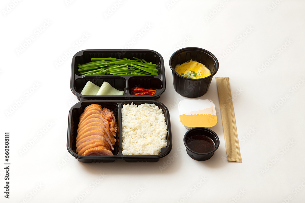 Poster Stir-fried meat and side dishes in packaging containers, Korean food