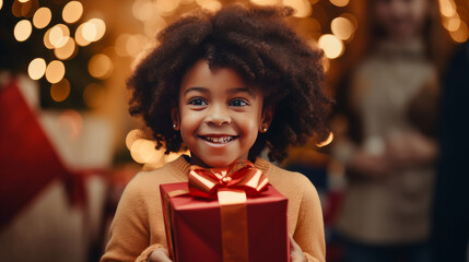 Fototapeta na wymiar Little, African American child holding a gift box with a red ribbon and giving gifts at a holiday event, New Year and Christmas