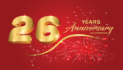 Celebrate the 26th anniversary with gold 3D letters, gold ribbons on a red background.	
