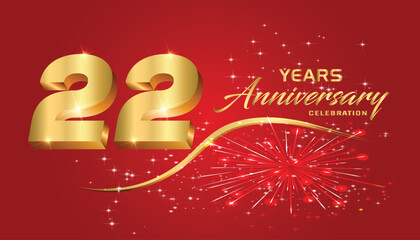 Celebrate the 22th anniversary with gold 3D letters, gold ribbons on a red background.	
