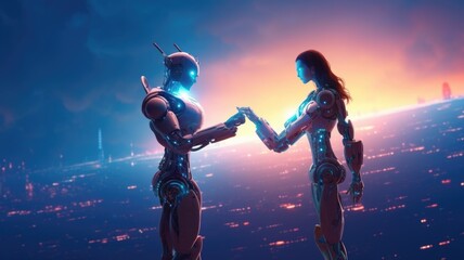 Couple of man and robot girl holding each other's hands on space sky background, imagination of love passion fantasy between human and AI. Generative AI image weber. - obrazy, fototapety, plakaty