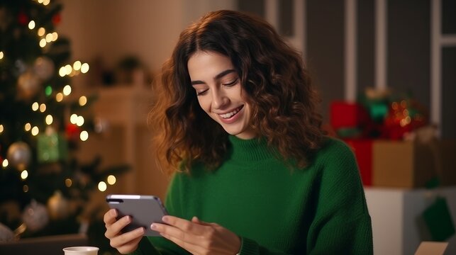 Young woman in green sweater orders New Year's gifts during Christmas holidays at home using smartphone and credit card