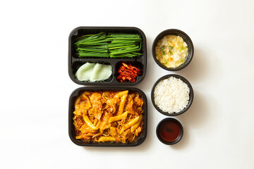 Stir-fried pork and side dishes in a lunch box container