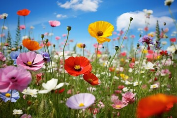 Vibrant meadow with diverse flowers during the summertime. Generative AI