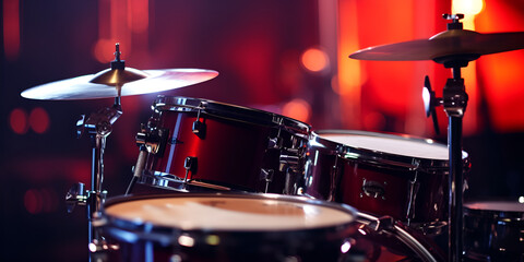 Close up of a modern drum set on stage for concert - obrazy, fototapety, plakaty