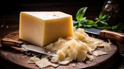 Fototapeta na wymiar Parmesan cheese with knife on wooden board
