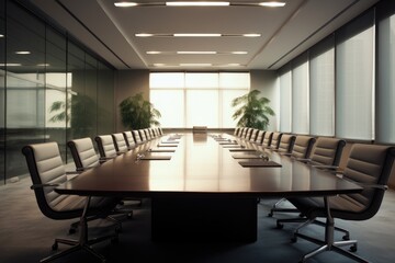 Front view of empty modern conference room with office table and chairs.