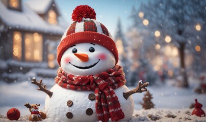 Smiling snowman in a festive winter scene for a Christmas card.