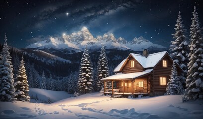 Fototapeta na wymiar Starry winter night with Christmas trees and cabin