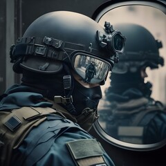 a first person view of a swat member looking in a mirror 