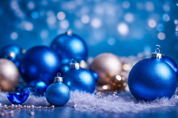 Fototapeta na wymiar Beautiful blue and golden Christmas background with balls and decorations