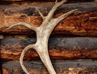 Closeup of an antler against log cabin in Denali National Park