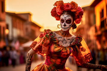 Woman at the Day of the Dead party in Mexico, made up with her face painted as a skull and dressed in Mexican clothing, in the rustic town square dancing typical cultural dances, backlit at sunset
