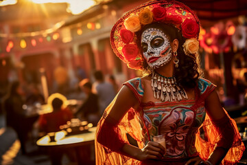 Woman at the Day of the Dead party in Mexico, made up with her face painted as a skull and dressed in Mexican clothing, in the rustic town square dancing typical cultural dances, backlit at sunset