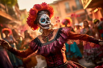 Woman at the Day of the Dead party in Mexico, made up with her face painted as a skull and dressed in Mexican clothing, in the rustic town square dancing typical cultural dances, backlit at sunset