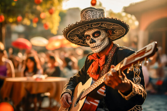 Mexican mariachi with his face painted as a skull by Mexican tradition, playing the guitar in the town square by cultural tradition of Day of the Dead on Halloween, at sunset with the backlit sun and 
