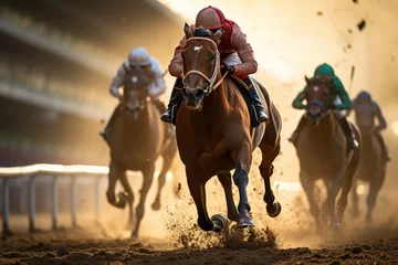 Zelfklevend Fotobehang Intense horse racing at golden hour on track © viperagp