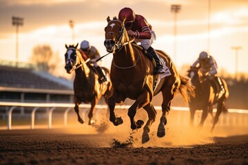 Intense horse racing at golden hour on track - 660812746