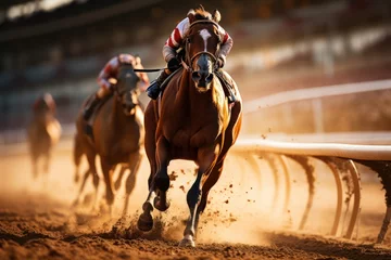 Photo sur Aluminium Chemin de fer Intense horse racing at golden hour on track