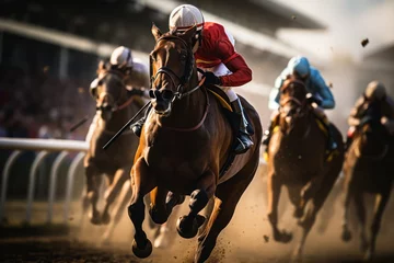 Fensteraufkleber Intense horse racing at golden hour on track © viperagp