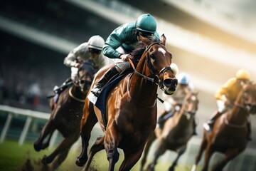 Intense horse racing at golden hour on track