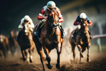 Stof per meter Intense horse racing at golden hour on track © viperagp