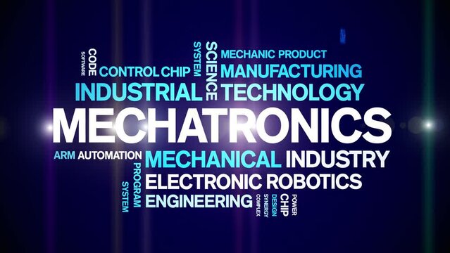 Mechatronics animated tag word cloud;text design animation kinetic typography seamless loop.