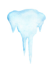 Blue watercolor icicle. Illustration of ice isolated on a white background, hand-drawn. Winter cold element for design and decoration. Frozen water painted in watercolor on paper.