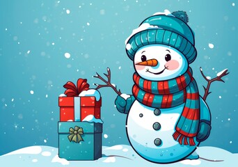 Winter holiday background with a snowman in a hat and scarf and gifts. Greeting card. Concept of New Year and Christmas holidays.