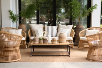 chic patio setup with woven rattan furniture