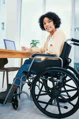 Office, smile and portrait of woman in wheelchair at desk on laptop working on project, report and...