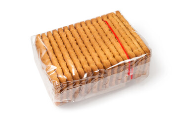 Packaging of biscuits on a white background. Biscuits in transparent packaging.