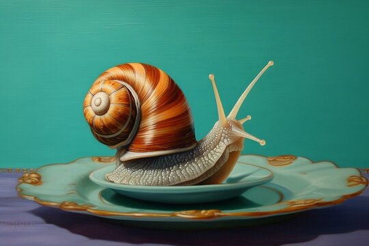 Realistic drawing of a snail outside the shell on a turquoise plate. Generative AI