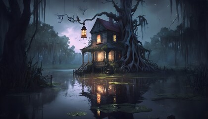 Fototapeta na wymiar magical fantasy swamp witch voodoo shack bayou moss and water tall trees Louisiana dusk gas lamps misty fireflies smoke glow cinematic photorealistic depth raytracing 