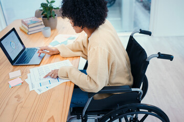 Office, documents and woman in wheelchair on laptop working on project, data report and research at desk. Company, startup and person with disability on computer for internet, analysis and graphs - obrazy, fototapety, plakaty