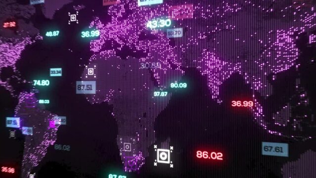 3D animation of graphs and counters on the background of the earth map with defocus. Corporate background. 3D 4K loop animation