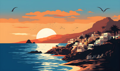 Obraz premium Illustration of Santorini island of Greece, presentation picture, colorful illustration, travel postcard, tourism promotion concept, Generative AI