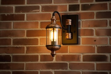 close-up of vintage wall sconce details against a brick wall