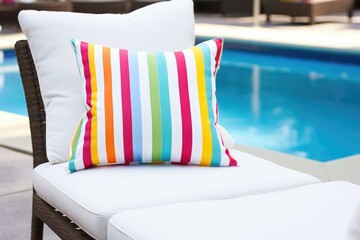 rainbow scattered pillows on a white outdoor lounge chair