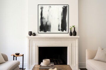Fototapeta na wymiar solid, monochrome painting hanging above a white fireplace