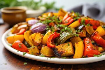 plate of roasted vegetables featuring colorful bell peppers