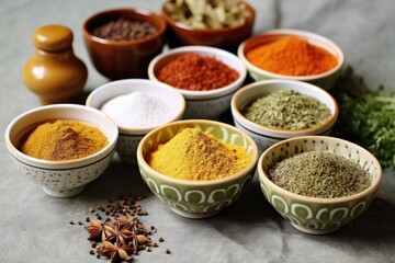 assorted spices in ceramic bowls on polished countertop